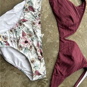 Floral and Burgundy Bikini Set